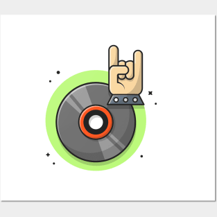 Vinyl Disk Music with Metal and Rock Hand Music Cartoon Vector Icon Illustration Posters and Art